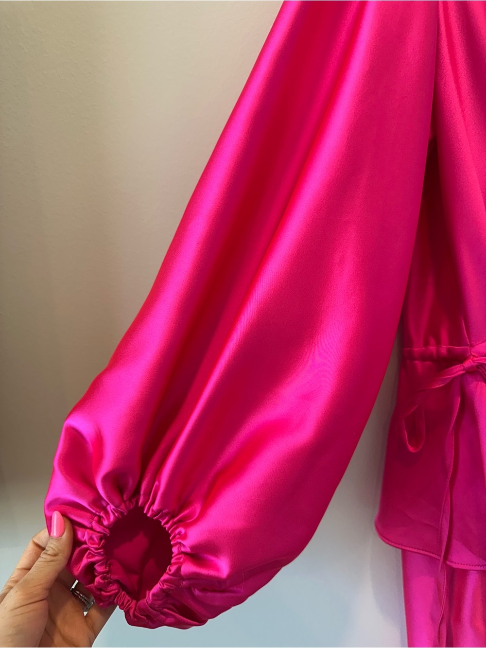 Topshop Satin Long Sleeve V Neck Bright Hot Pink Peplum Mini Dress Wedding Guest - Picture 5 of 14